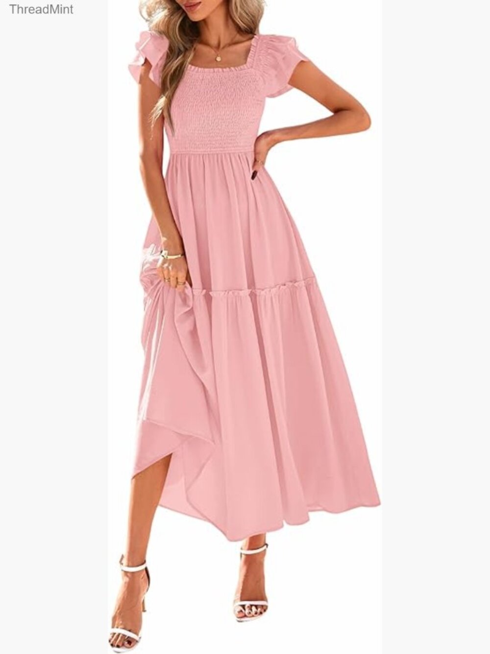 Smocked Midi Sundress with Square Neck, Tiered Ruffle, and Pockets